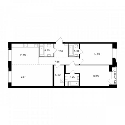 3-комнатная, 106.13 м²