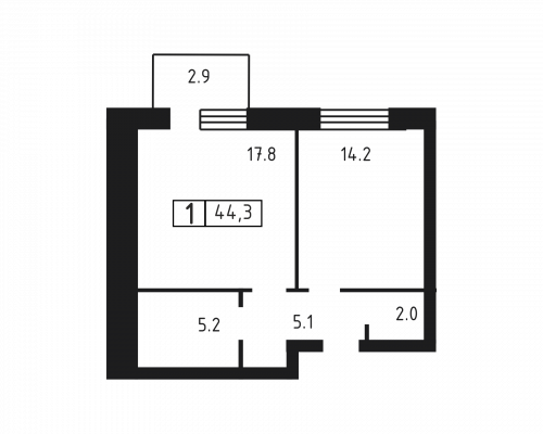 1-комнатная, квартира, 44.3 м²