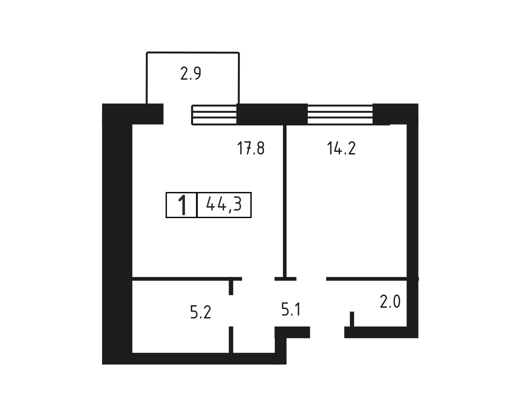 1-комнатная квартира №25, 44,3 м² за 5,01 млн руб. в ЖК «Шотландия» - планировка