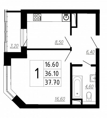 1-комнатная, квартира, 37.2 м²