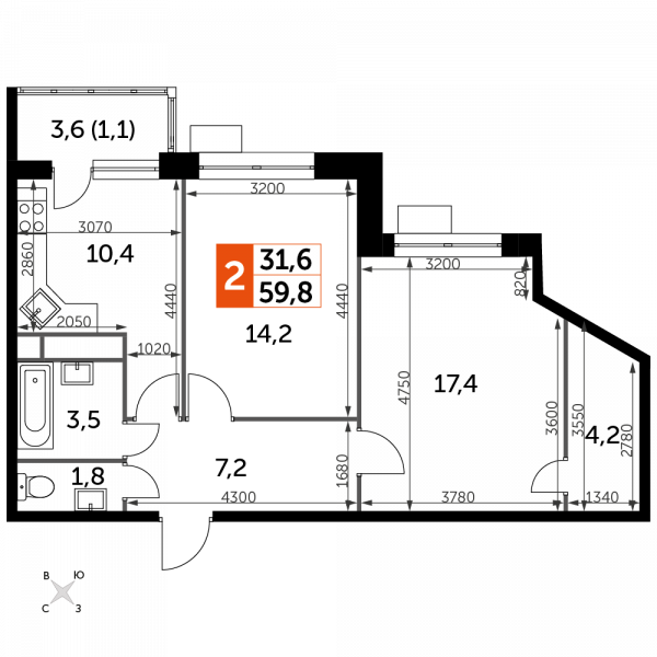 2 комнаты до 59.8
