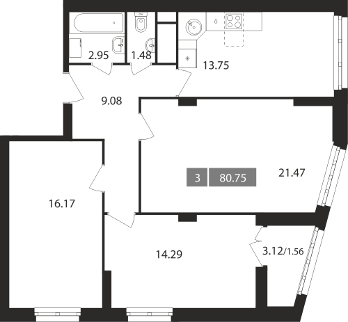 3-комнатная, квартира, 80.75 м²