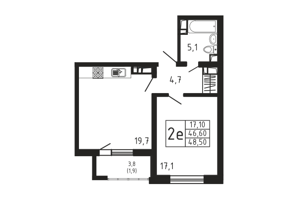 1-комнатная, квартира, 48.5 м²