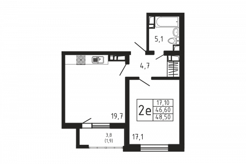 1-комнатная, квартира, 48.5 м²