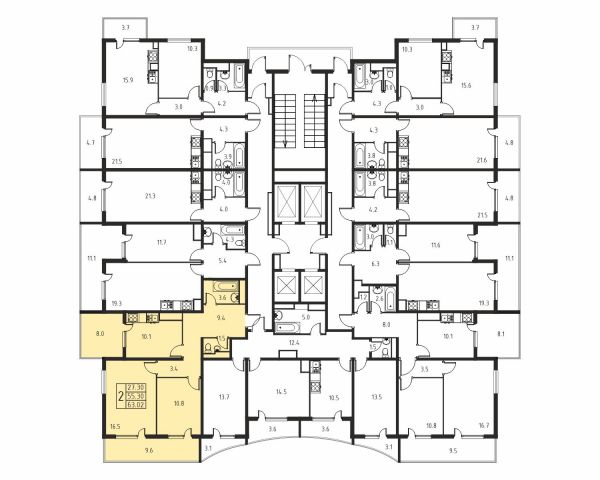 2-комнатная, квартира, 55.3 м²