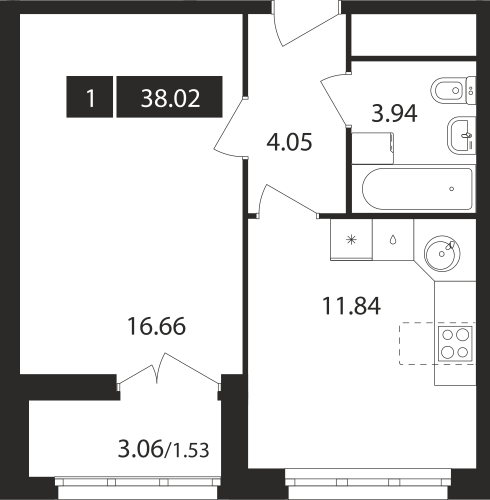 1-комнатная, квартира, 38.02 м²