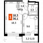 1-комнатная квартира 36,1 м²