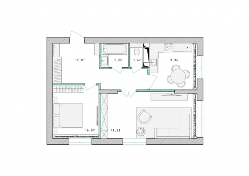 2-комнатная, квартира, 57.5 м²