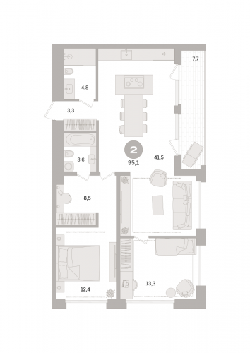 2-комнатная, квартира, 95.1 м²