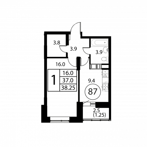1-комнатная, квартира, 38.25 м²