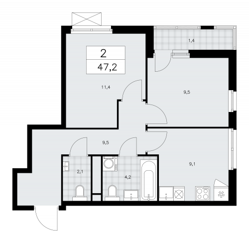 2-комнатная, 47.2 м²