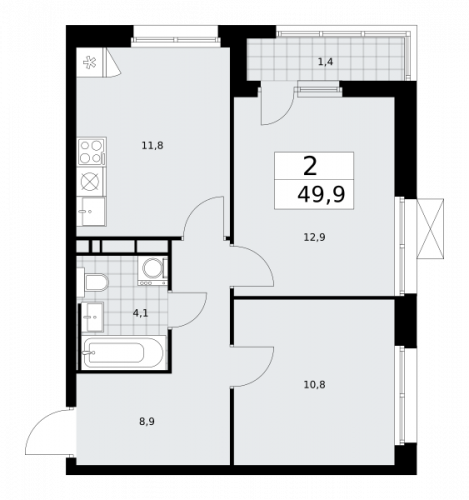 2-комнатная, 49.9 м²