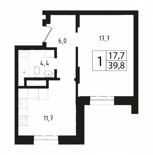 1-комнатная, квартира, 39.8 м²
