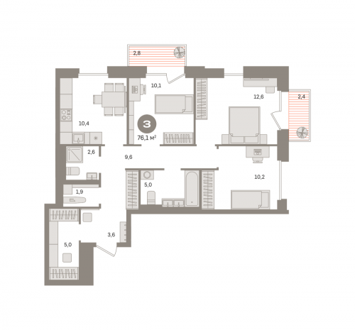 3-комнатная, квартира, 76.12 м²
