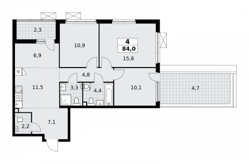 Многокомнатная, 84 м²