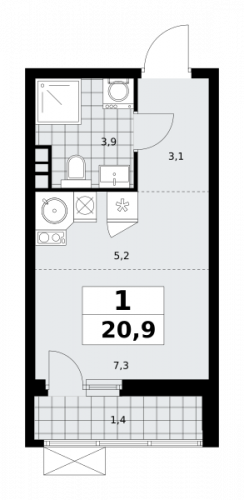 1-комнатная, 20.9 м²