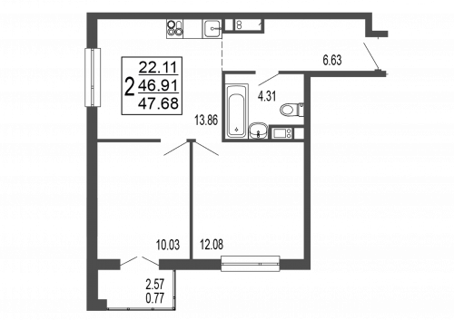 2-комнатная, квартира, 48.88 м²