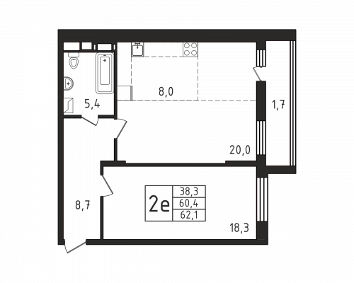 1-комнатная, квартира, 62.1 м²