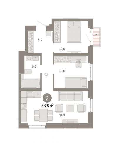 2-комнатная, квартира, 58.8 м²