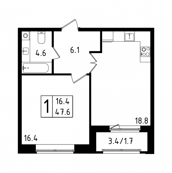 1 комната до 47.6