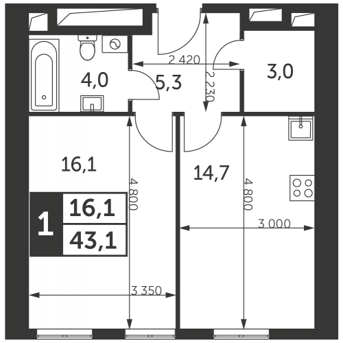 1-комнатная, квартира, 43.1 м²