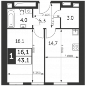 1-комнатная квартира 43,1 м²