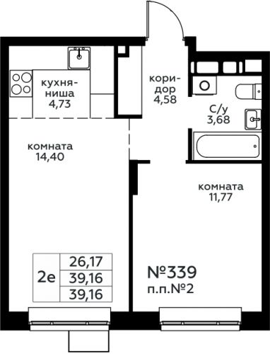 2-комнатная, 39.16 м²