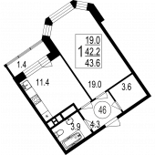 1-комнатная квартира 43,6 м²