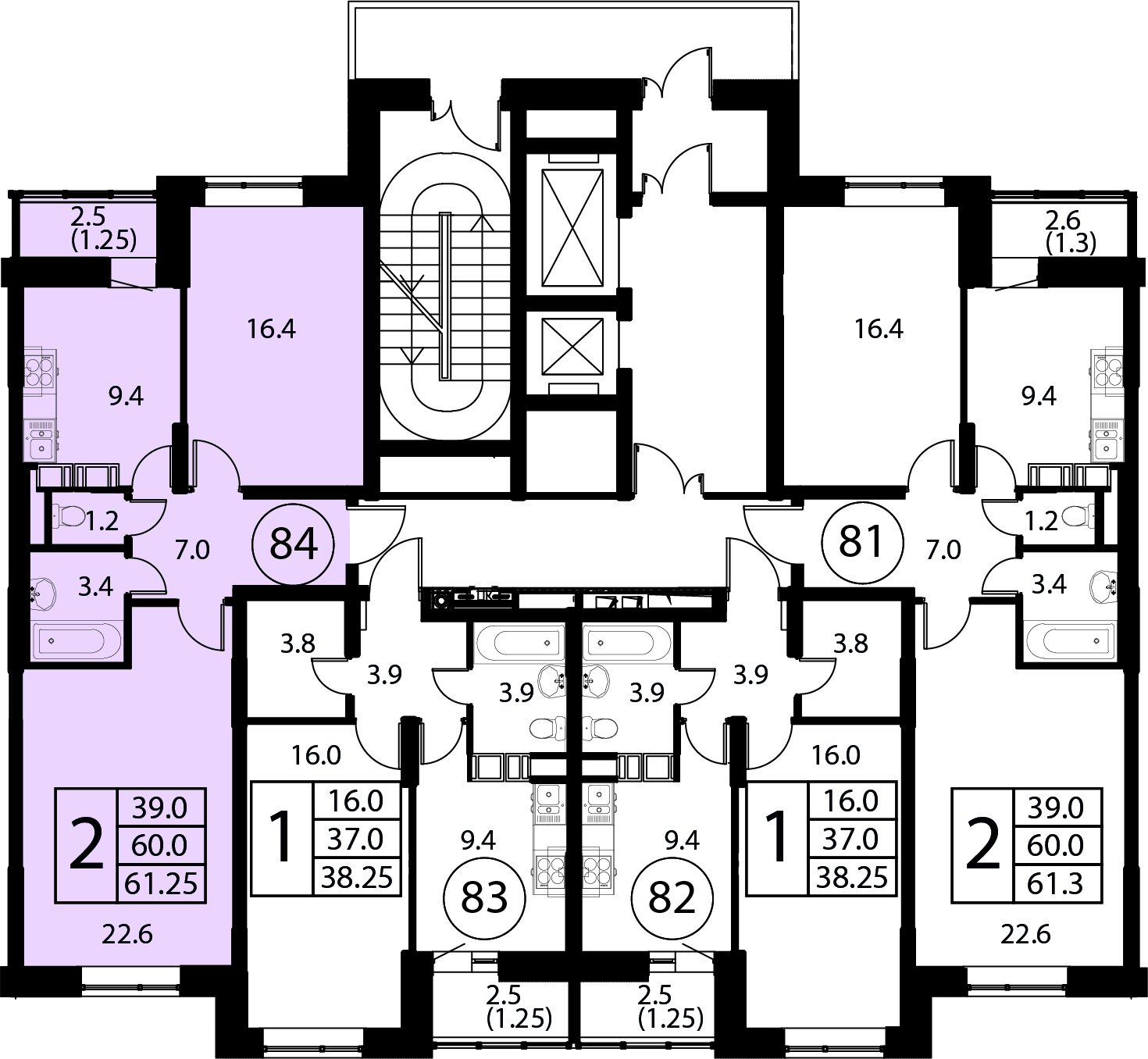 2-комнатная квартира №84, 61,3 м² за 9,43 млн руб. в ЖК «Космос» - планировка