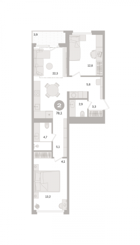 2-комнатная, квартира, 78.1 м²