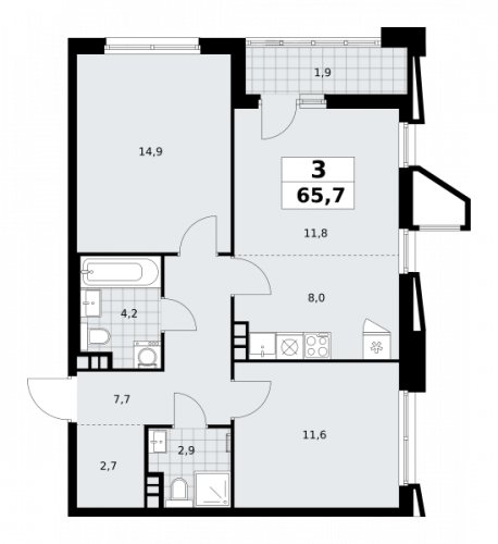 3-комнатная, 65.7 м²