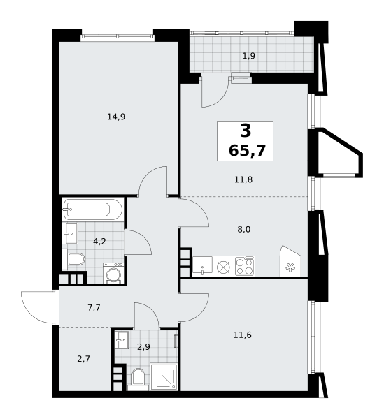 3 комнаты до 65.7
