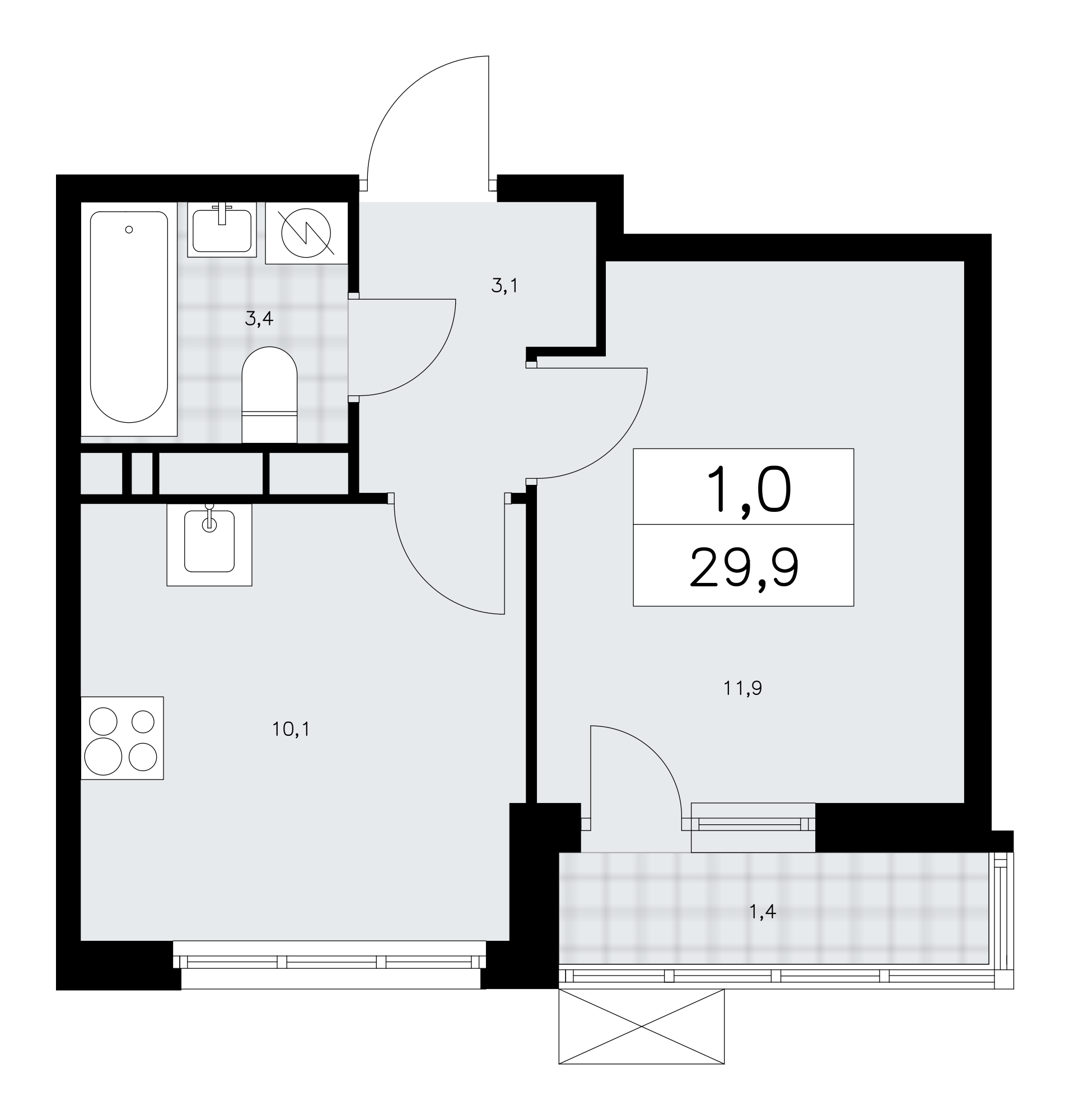 1-комнатная квартира №24К-37.1.3-264, 29,9 м² за 12,30 млн руб. в ЖК «Скандинавия» - планировка