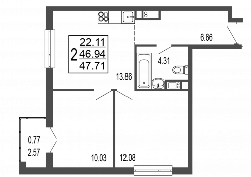 2-комнатная, квартира, 48.88 м²
