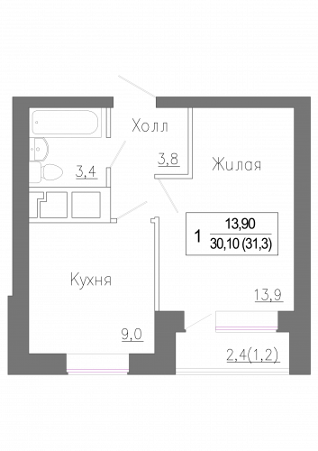 1-комнатная, 31.7 м²