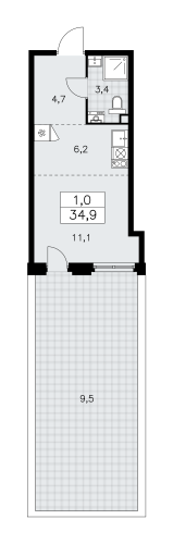 1-комнатная, 34.9 м²