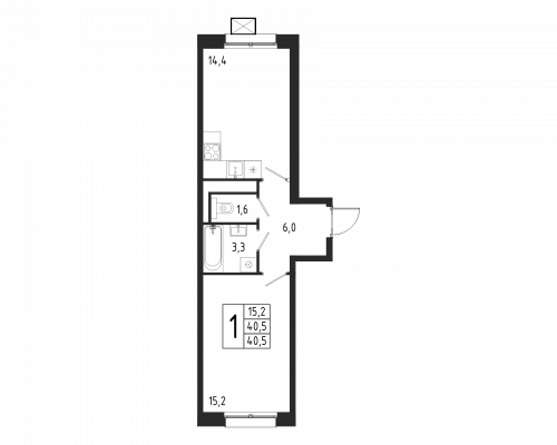 1-комнатная, квартира, 40.5 м²