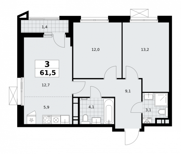 3 комнаты до 61.5