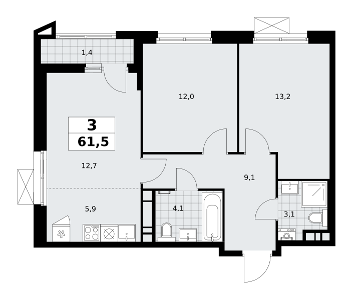 3-комнатная квартира №58К-7.1.1-42, 61,5 м² за 16,89 млн руб. в ЖК «Прокшино» - планировка