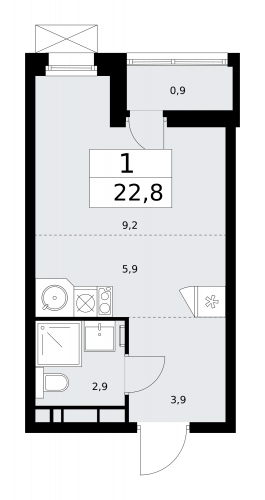1-комнатная, 22.8 м²