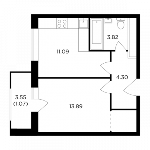 1-комнатная, 34.17 м²