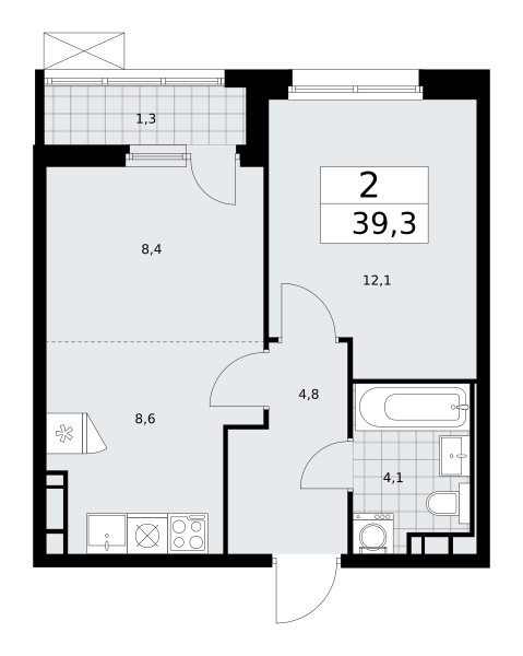 2-комнатная квартира №24К-25.5-879, 39,3 м² за 12,04 млн руб. в ЖК «Скандинавия» - планировка