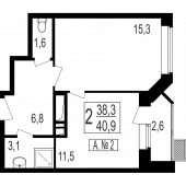1-комнатная квартира 38,3 м²