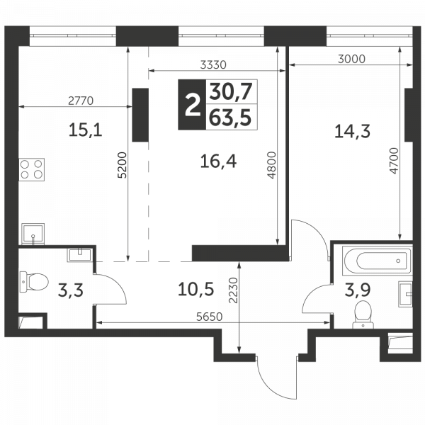 2 комнаты до 63.5