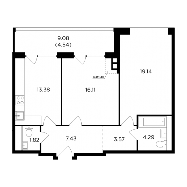 2-комнатная квартира №448, 70,3 м² за 38,61 млн руб. в ЖК «RiverSky» - планировка