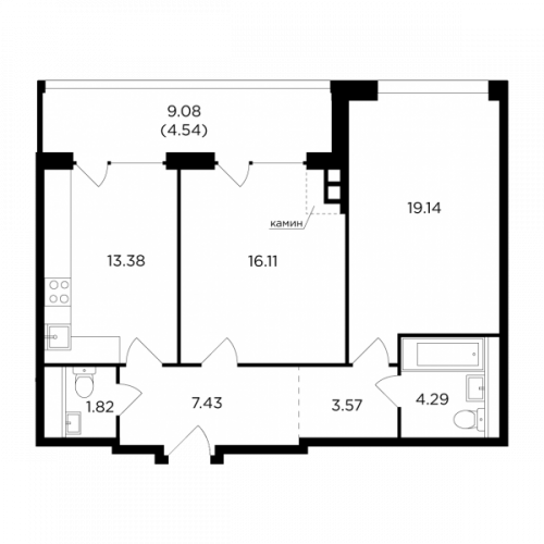 2-комнатная, 70.28 м²