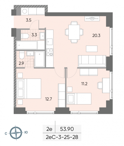 2-комнатная, квартира, 53.9 м²
