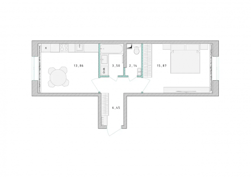 1-комнатная, квартира, 41.2 м²