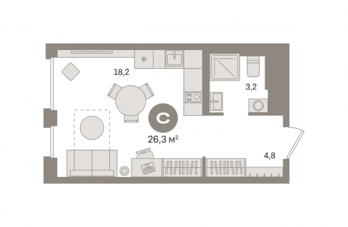 Студия, 26.27 м²