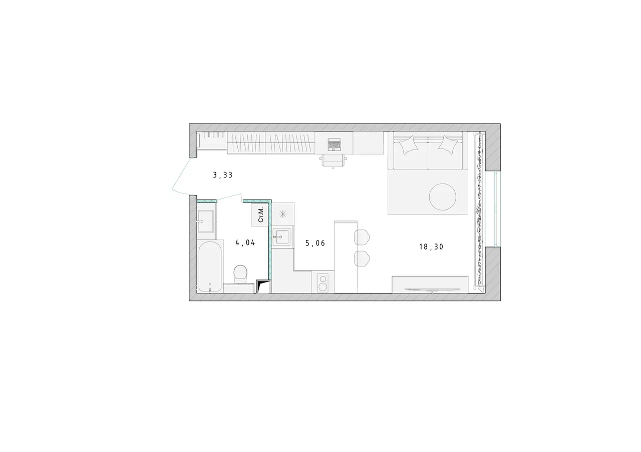 Квартира-студия №454, 30,7 м² за 4,76 млн руб. в ЖК «Серебро» - планировка